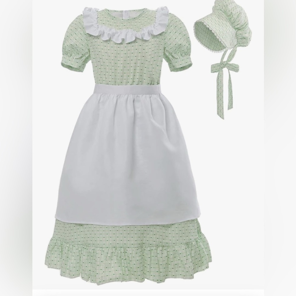 Kids Green and White prairie  Costume Dress with Bonnet